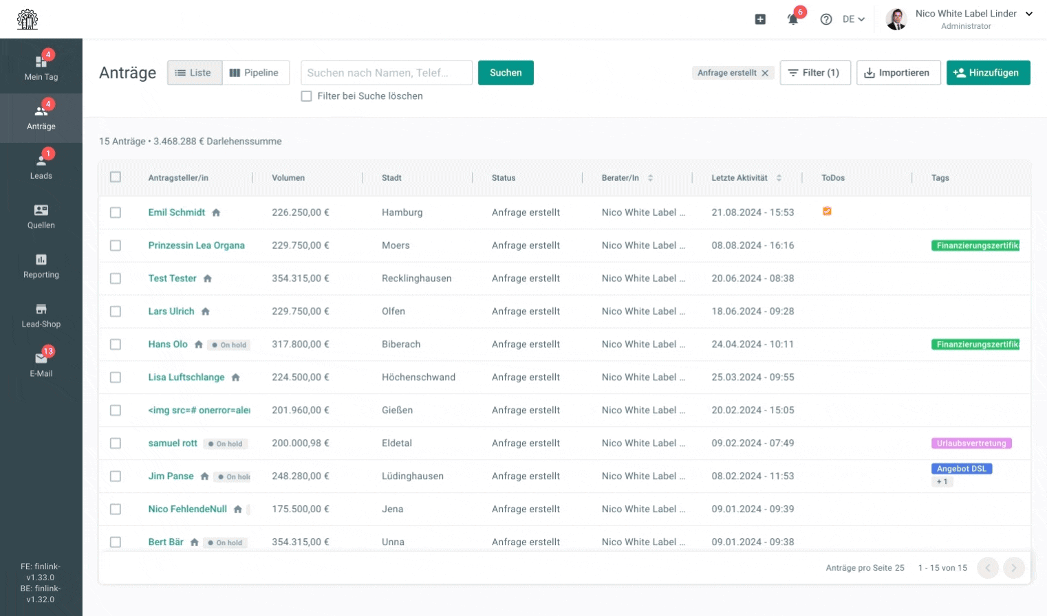 Im Berater Backend von FinLink hast du alle Anträge im Überblick